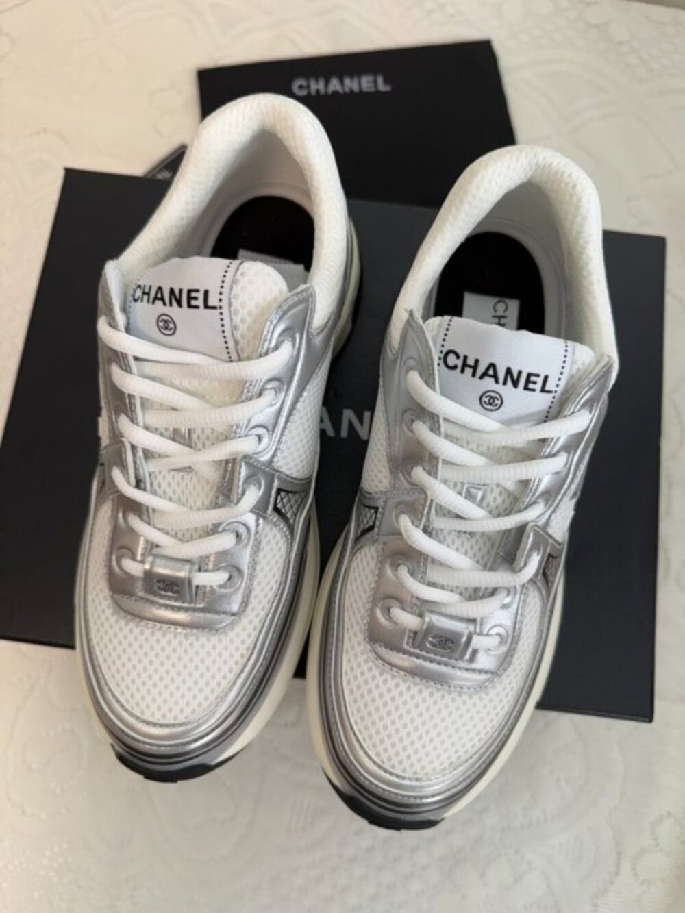 Chanel Silver-Tone CC Sporty Sneakers